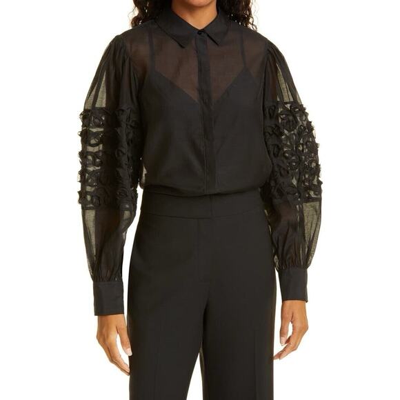 Rebecca Taylor $295 Women's Black Silk Ribbon Trim Sheer Button-Up Size S Luxury - Picture 5 of 16